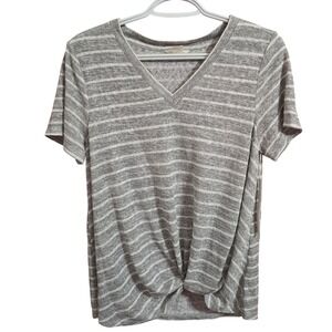 Caslon Womens NWT Grey White Striped V-Neck Front Twist Knot Tee Shirt Size M